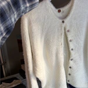 Free People Cream Fuzzy Button-Up Cardigan